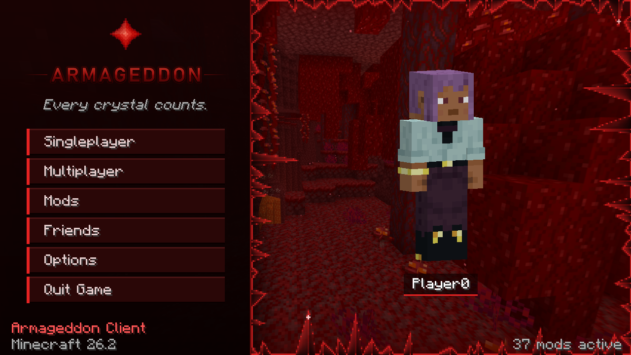 The Armageddon home screen: a dark red menu beside the Nether panorama, framed by red crystals