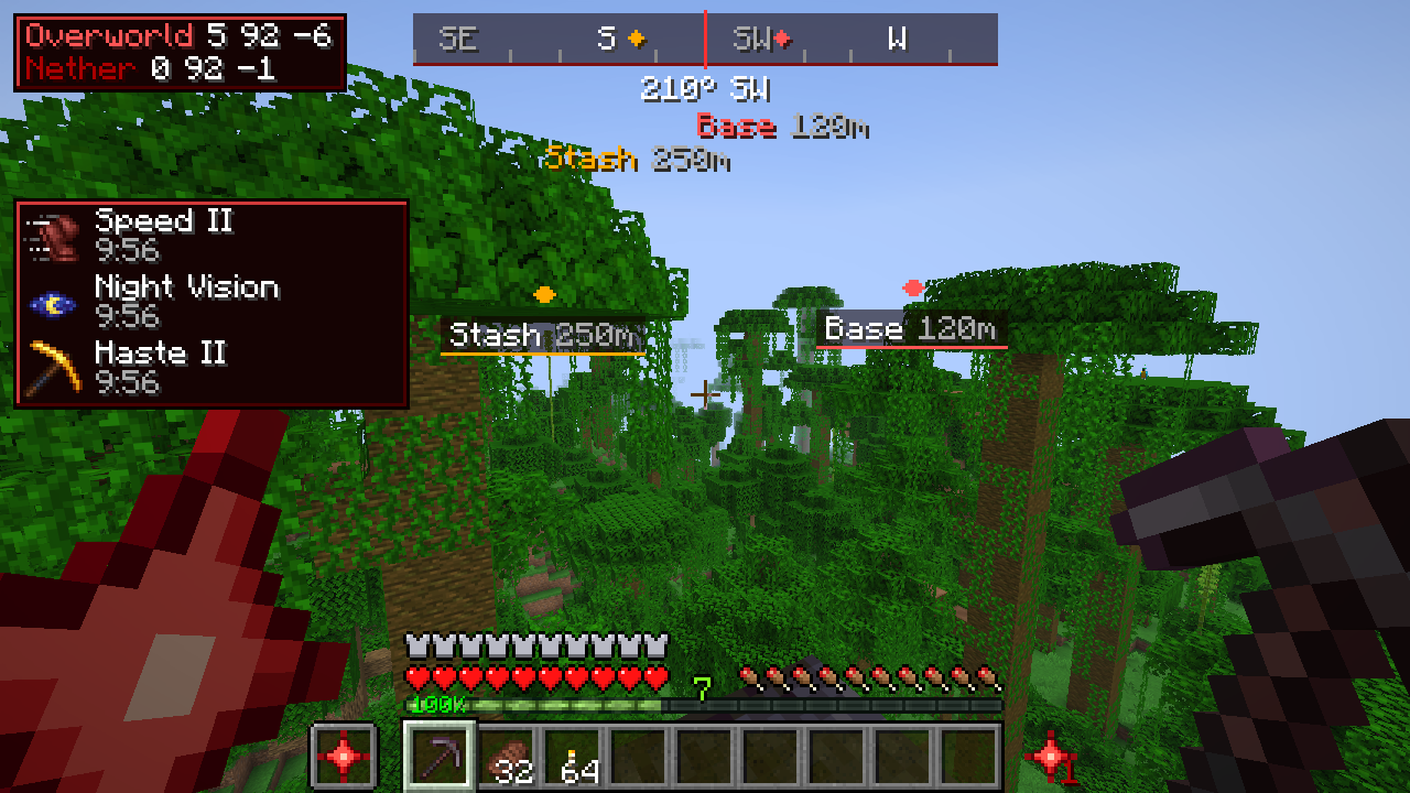 In-game HUD: coordinates with Nether coordinates, a compass strip with waypoints, potion timers, armor and a totem count, with two waypoints marked in the world