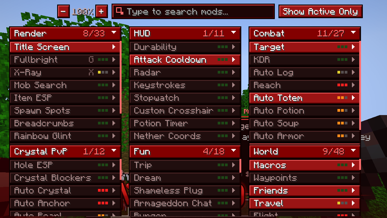 The Armageddon mods menu: red panels for Render, HUD, Combat, Crystal PvP, Fun and World with a search bar