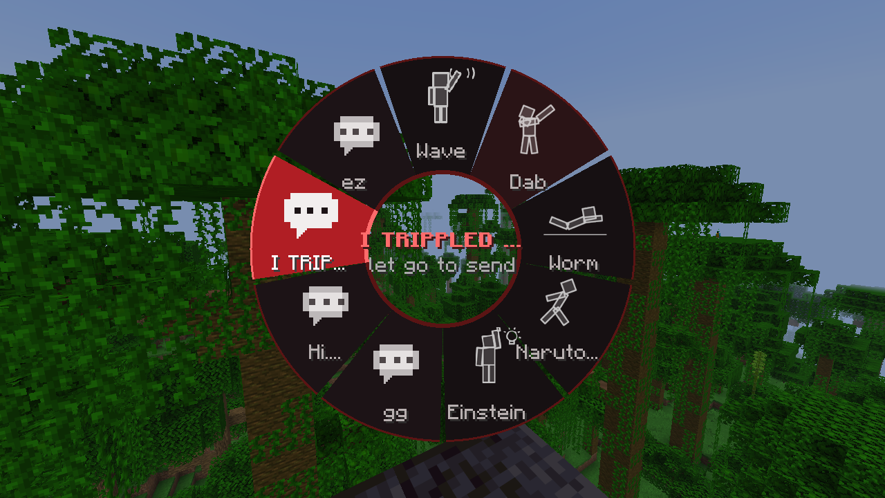 A ring-shaped emote wheel with Wave, Dab, Worm and Einstein emotes and quick chat bubbles, one quick chat highlighted